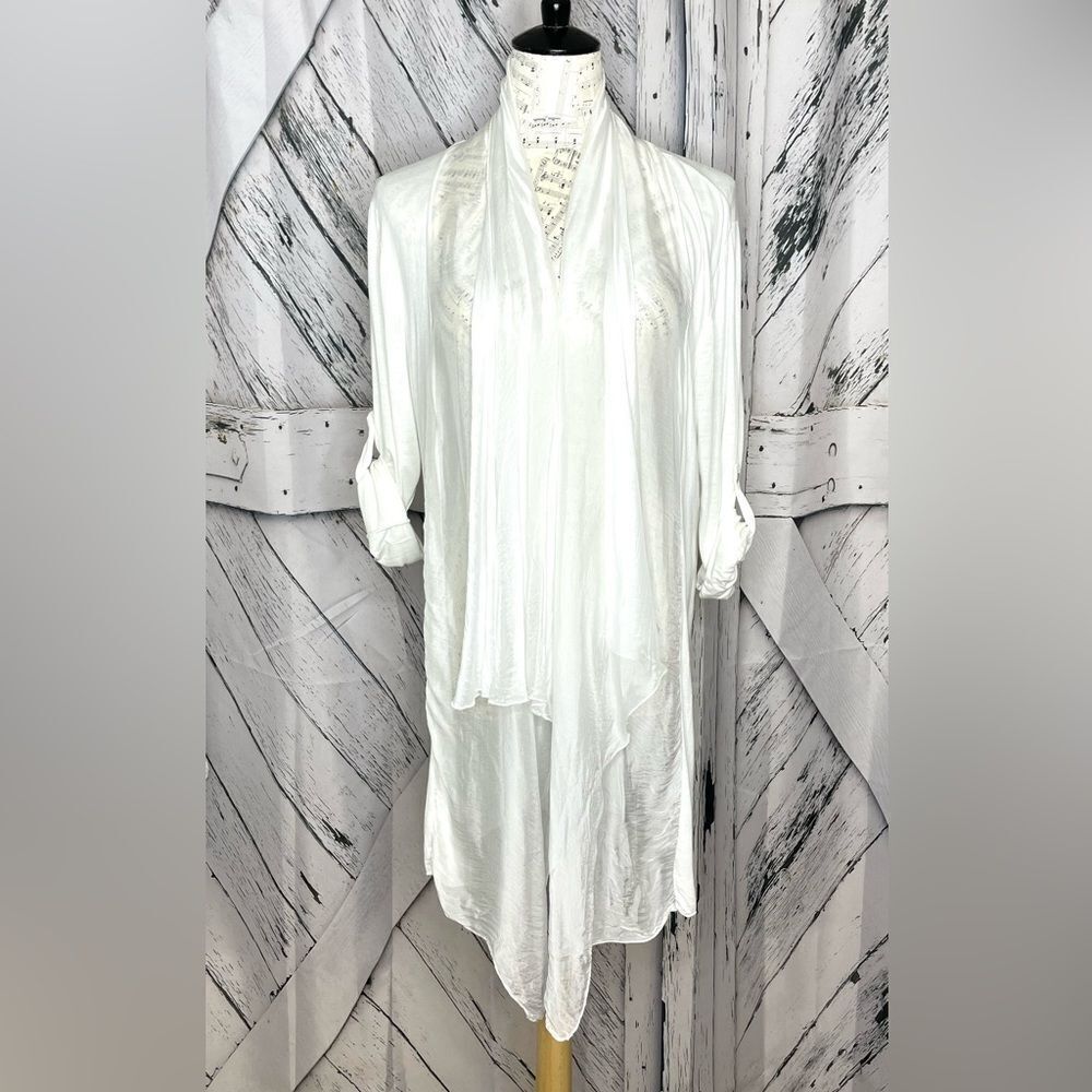 Envy Open Front Silk Trimmed Waterfall Cardigan White M